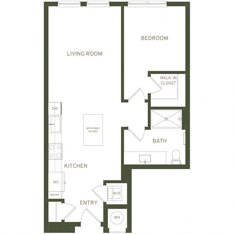 Floor plan for 1 bed, 1 bath, 684 sqft